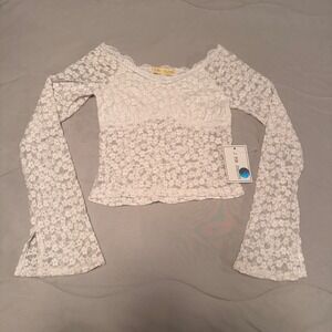 J For Justify White Floral Lace Long Sleeve Crop Top Flared Cuffs Small NEW